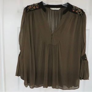 ZARA BASIC  Silk Velvet Beads Embroidery  Kimono Tunic Top Olive, size XS